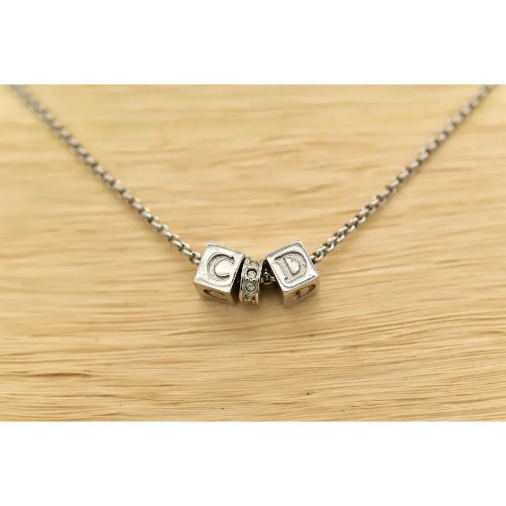 Christian Dior Vintage Block Logo Necklace Pendant Charm CD Silver Signed BinBJ